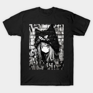 Kawaii Aesthetic Black And White Nekomimi Anime Cat Girl Graffiti Art Style T-Shirt